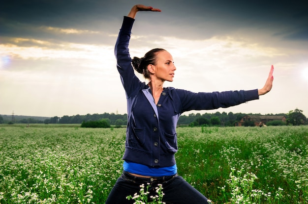 Young beautiful woman doing yoga on a meadow