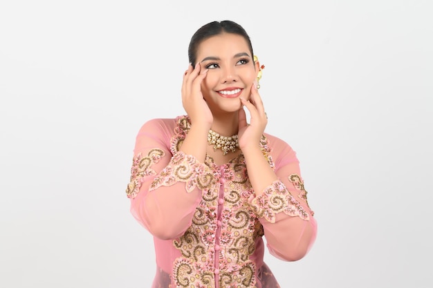 Young beautiful woman dress up local culture southern region showing beauty face posture