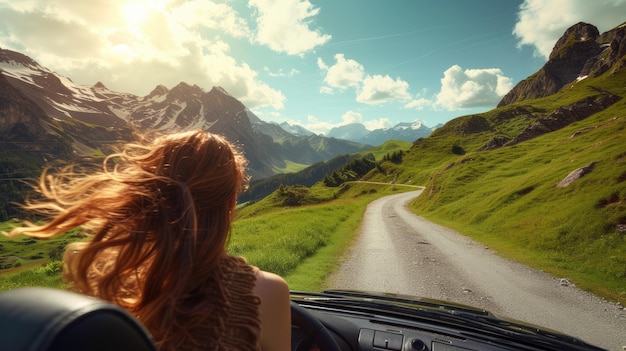 a young beautiful woman embarking on a scenic journey by car through the picturesque mountains epitomizing the essence of summer vacation and exploration