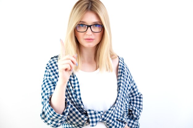 Young beautiful woman emotions in casual clothes on white background