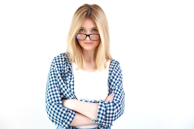 Young beautiful woman emotions in casual clothes on white background