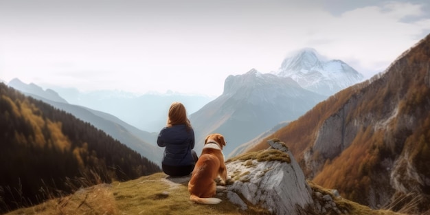 Young beautiful woman enjoy view with her dog during hiking trip in the mountain