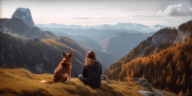 Young beautiful woman enjoy view with her dog during hiking trip in the mountain