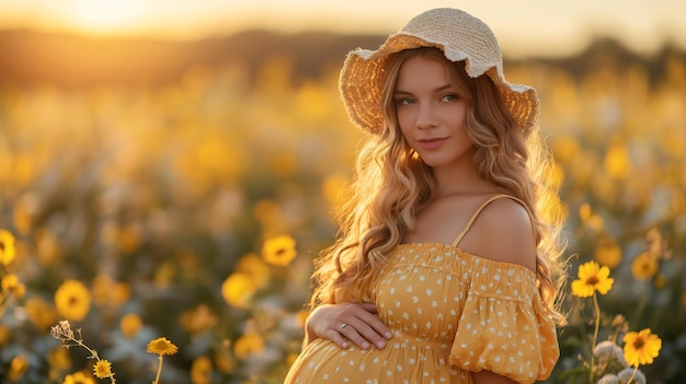 Young and beautiful woman expecting a baby soon She is outdoors surrounded by flowers and sunshine