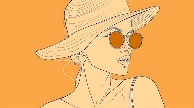 Young beautiful woman in a hat and sunglasses Vector outline drawing