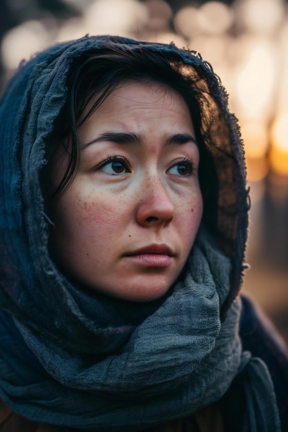 Young beautiful woman in a headscarf in the forest at sunset