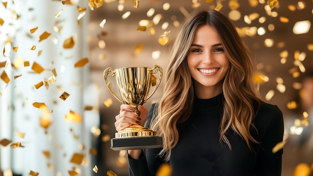 young and beautiful woman holding a trophy showing winning and success