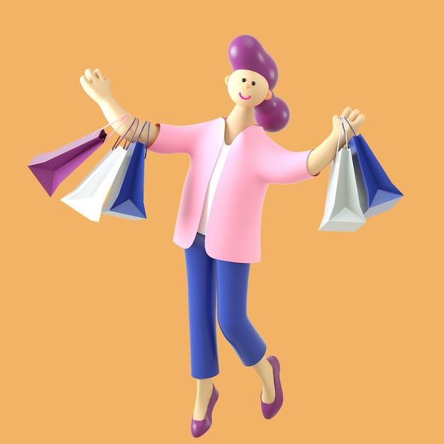 Young beautiful woman holds a shopping bags in her hands isolated on yellow background. Shopping bg