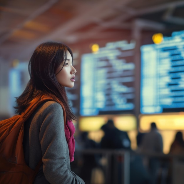 Young beautiful woman on holiday to travel at airport background