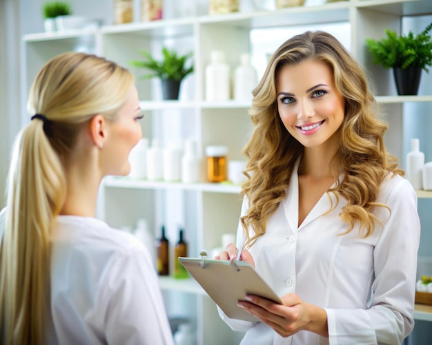 A young beautiful woman is consulting on skincare routines and providing product recommendations