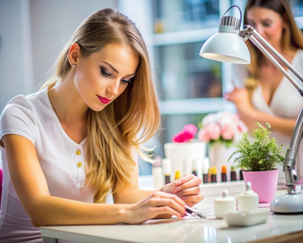 A young beautiful woman is performing manicures at the beauty parlor