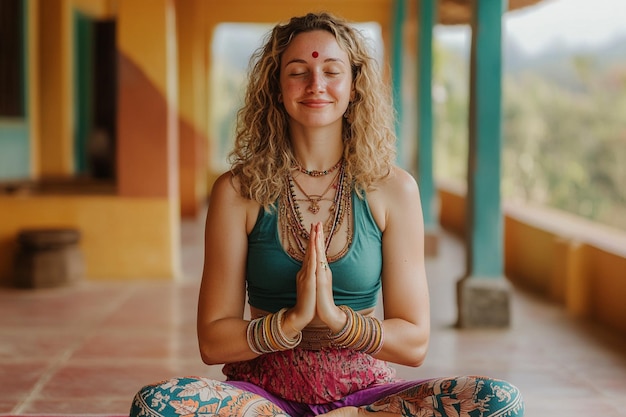 Photo a young beautiful woman is practicing yoga pose or meditation with close eyes for world yoga day