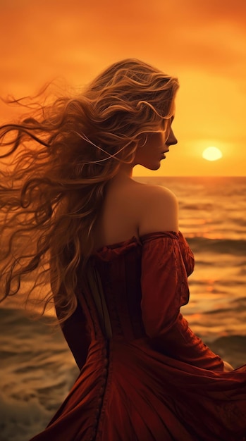 Young beautiful woman looks at the sea at sunset