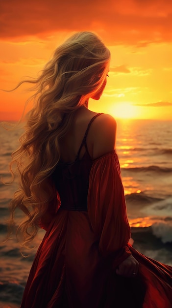 Young beautiful woman looks at the sea at sunset