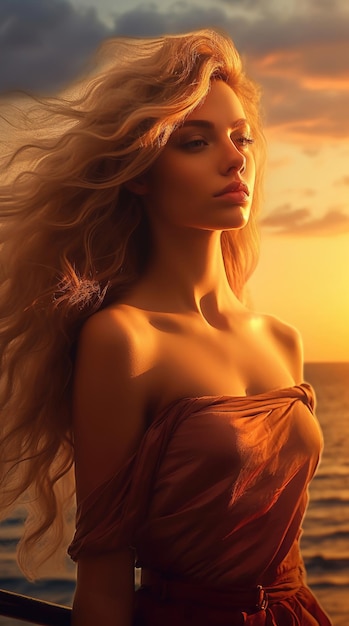 Young beautiful woman looks at the sea at sunset