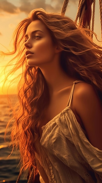 Young beautiful woman looks at the sea at sunset