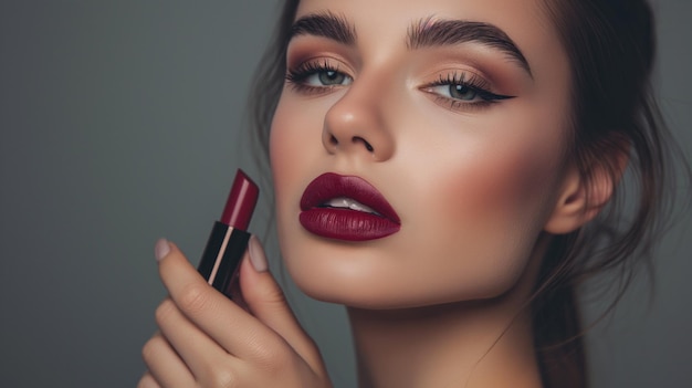 Young beautiful woman posing and showing lipstick