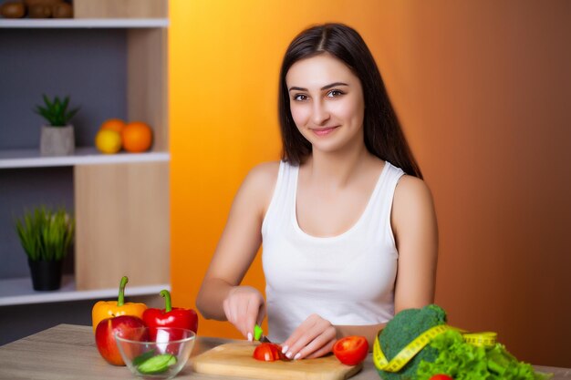 Young beautiful woman preparing wholesome diet salad.