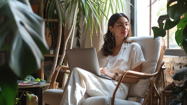 Photo young beautiful woman relaxing in a cozy chair and using laptop at home freelancer working on her project