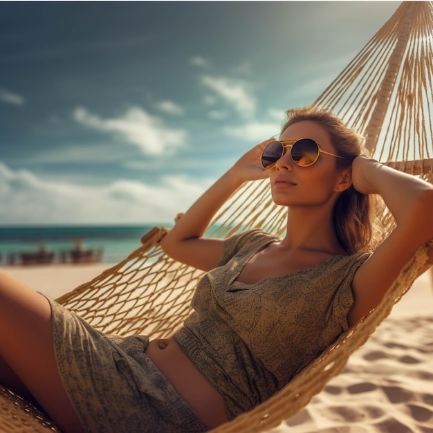 Young beautiful woman relaxing in hammock on the beach at sunset