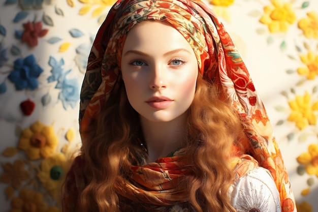 Young beautiful woman of Slavic origin in national dress on a sunny day The concept of cultural diversity and communes Multi cultural heritage idea