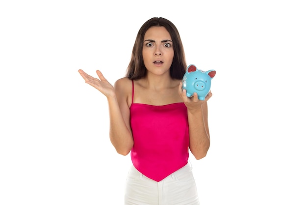 Young beautiful woman standing with piggy bank money box