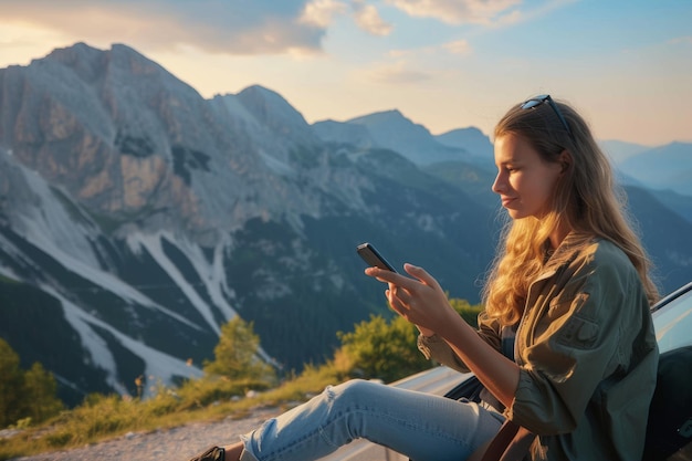 Young beautiful woman traveling by car in the mountains using smartphone at sunset summer vacation