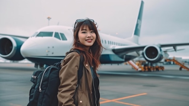 A young beautiful woman traveling by plane Generative AI