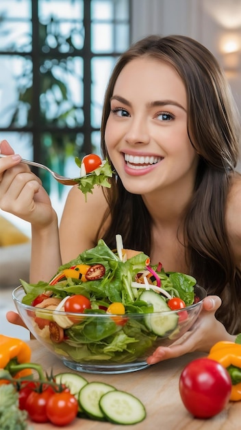 Young beautiful woman vegetarian eating fresh green salad at home