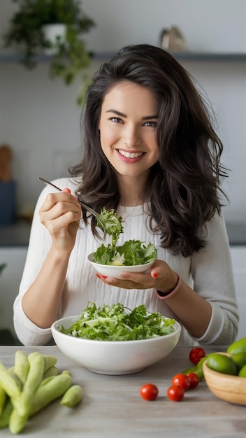 Young beautiful woman vegetarian eating fresh green salad at home