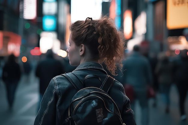 Young beautiful woman walking in Time square Manhattan AI