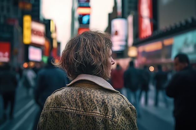 Young beautiful woman walking in Time square Manhattan AI