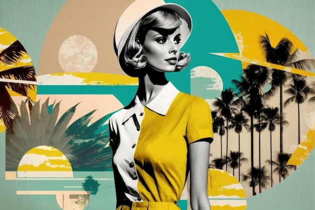 Young beautiful woman wearing 50s retro style dress and hat Travel collage Generative AI