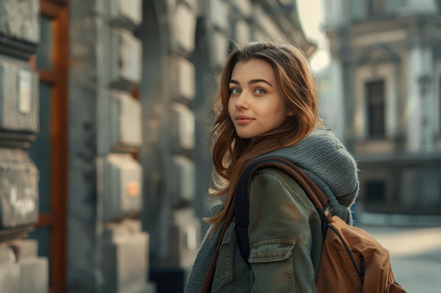 Photo young beautiful woman with bag outside the street