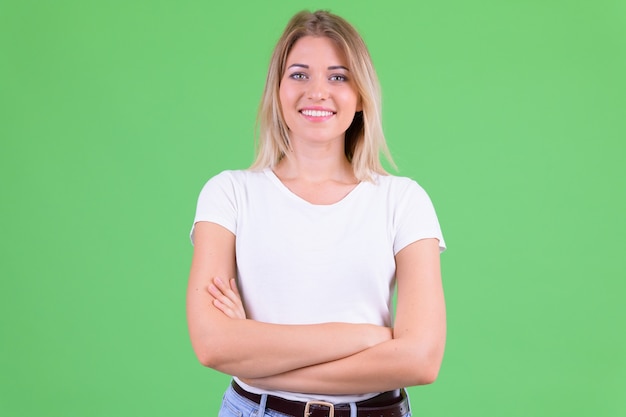 young beautiful woman with blond hair on chroma key on green