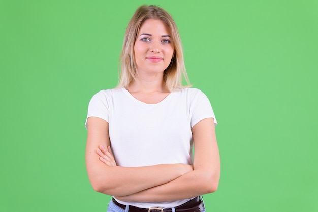 young beautiful woman with blond hair on chroma key on green