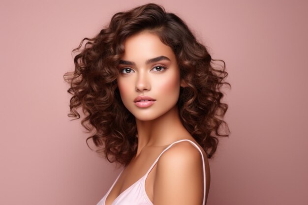 Young beauty woman curly long hair with makeup style on face and perfect clean skin