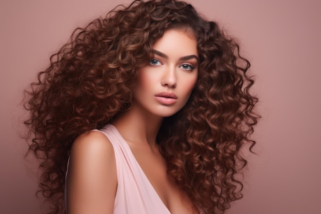 Young beauty woman curly long hair with makeup style on face and perfect clean skin