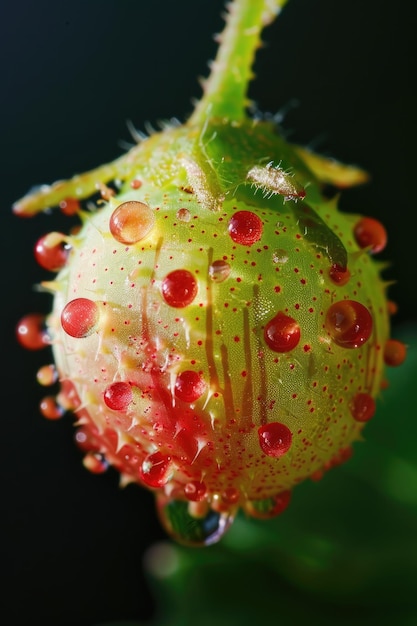 A young berry is intricately adorned with vibrant red droplets