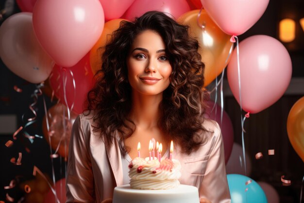 Young birthday woman holding a cake with candles in hands on the background of balloons