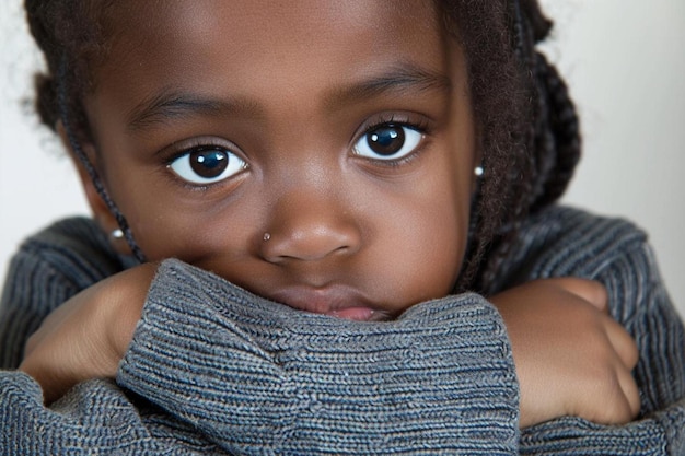 Photo young black african american girl with blue eyes doubting and confused