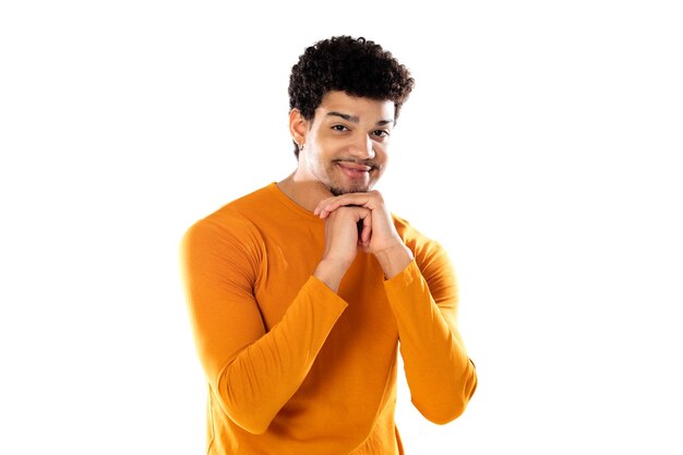 Young black afro man thinking, feeling doubtful and confused, with different options, wondering which decision to make isolated on a white background