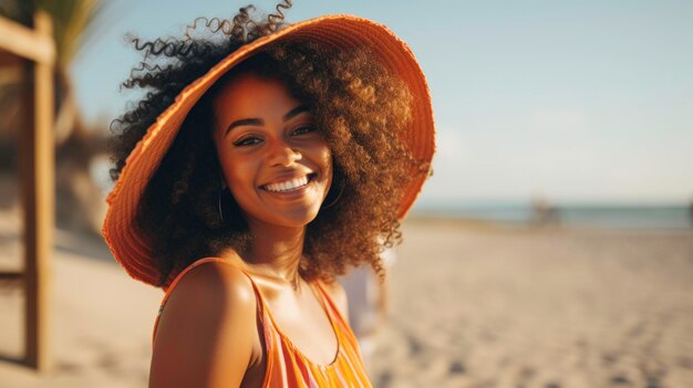 Young black American lady at the beach smiling on a sunny day looking into the camera