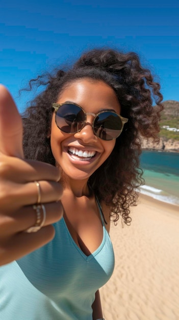 Young black American lady at the beach smiling on a sunny day looking into the camera