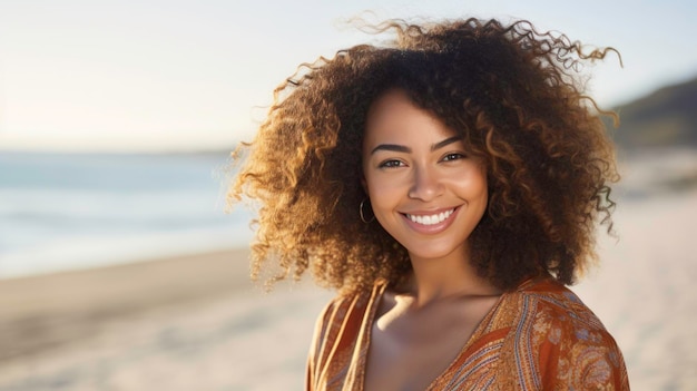 Young black American lady at the beach smiling on a sunny day looking into the camera