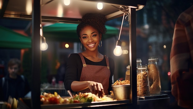 A young Black American woman in an apron smiles while serving food at a street food stall at night