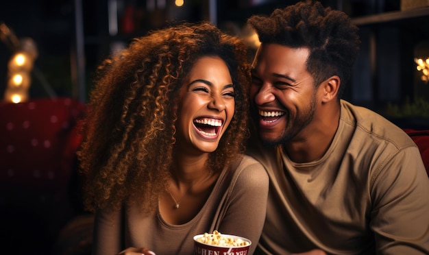 Young black couple in love watching movie at home and laughing romance and love concept