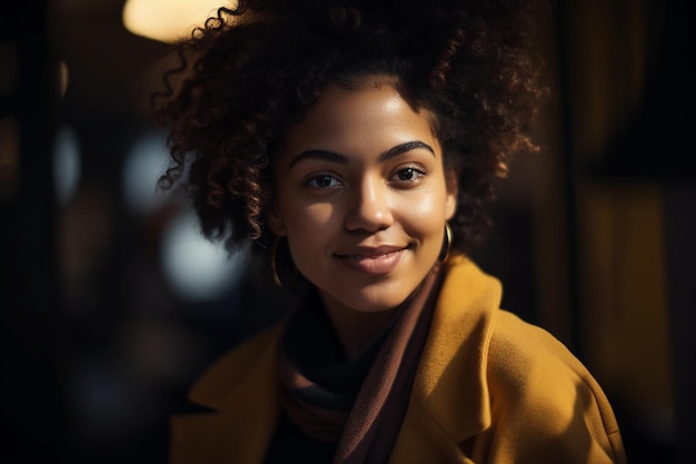 Young black female with curly hair in stylish clothes smiling while looking at camera