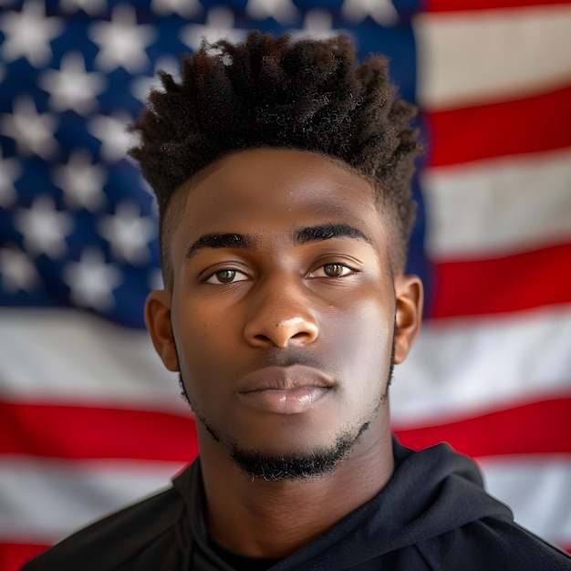 young black male usa American election voter portrait in front of American flag