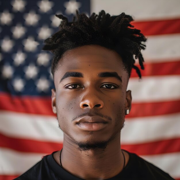 young black male usa American election voter portrait in front of American flag